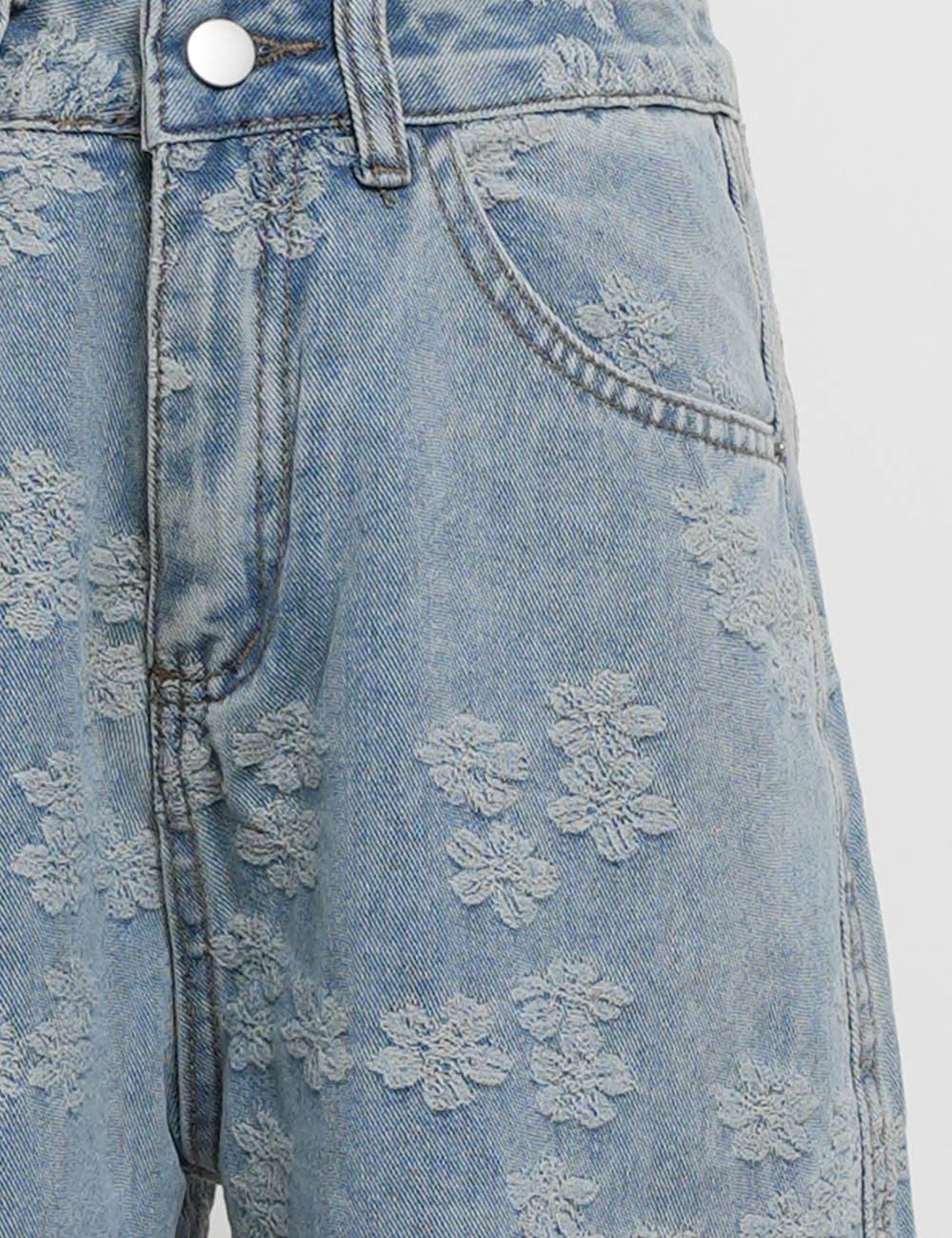Ladies Floral Jacquard Button Pocket Wide Leg Denim Pants