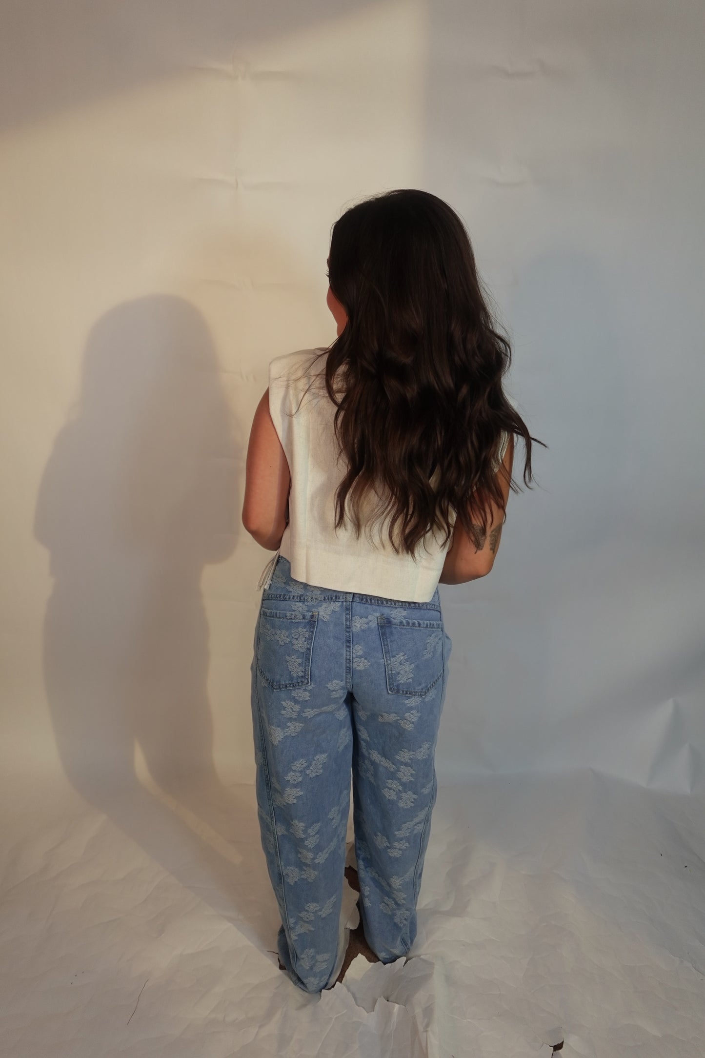 Ladies Floral Jacquard Button Pocket Wide Leg Denim Pants