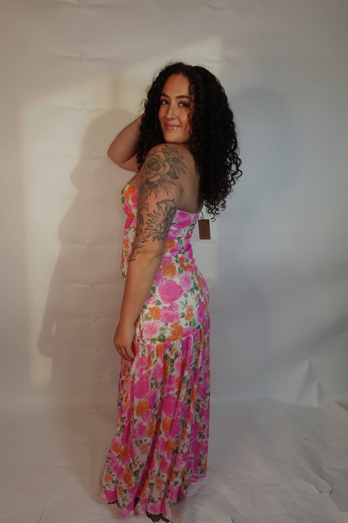 Strapless Asymmetric-Seam Floral Woven Maxi Dress