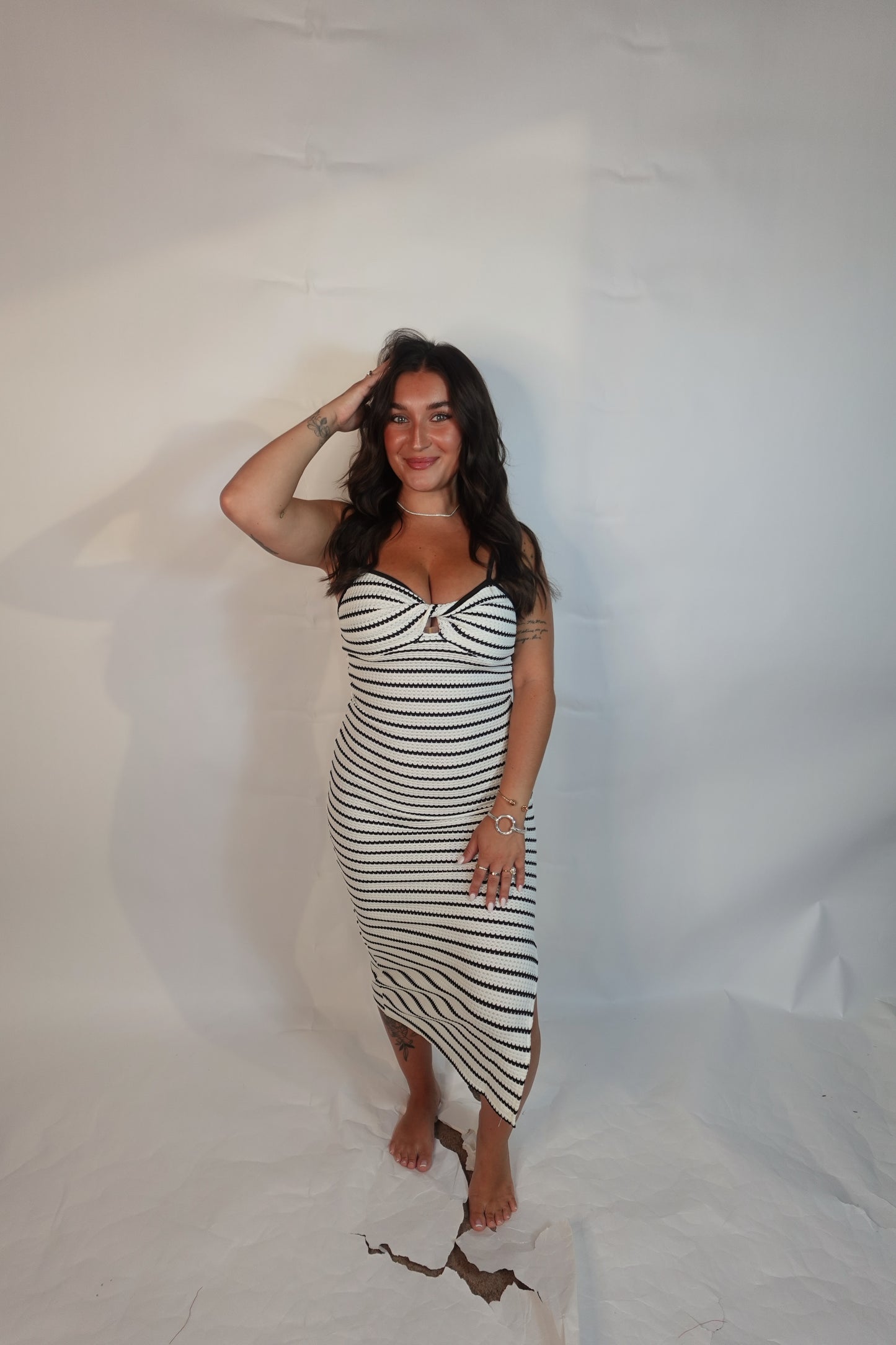Striped Knit Twist Front Midi Dress Bodycon Summer
