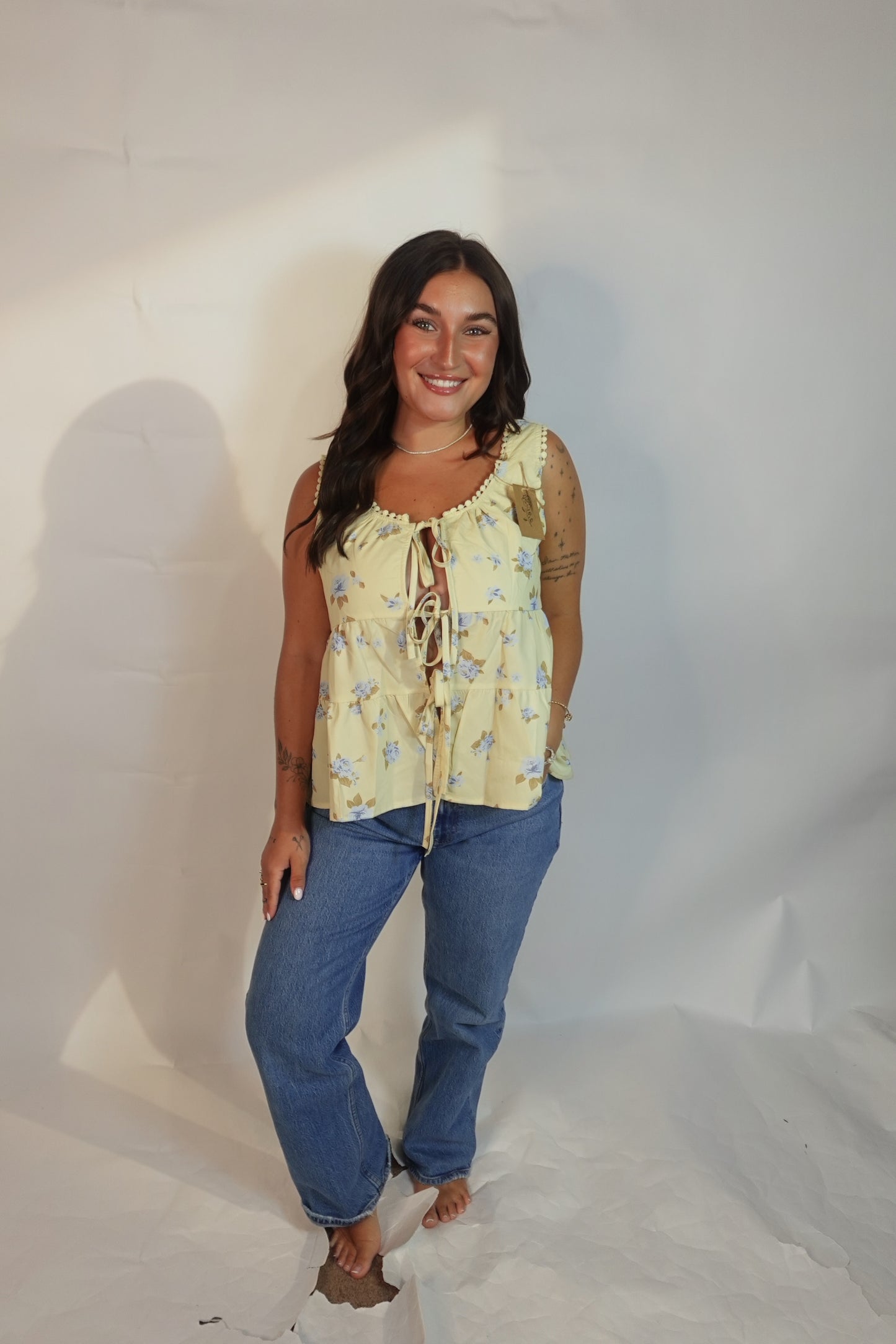 Ladies Boho Floral Print Tie Front Scoop Neck Sleeveless Top