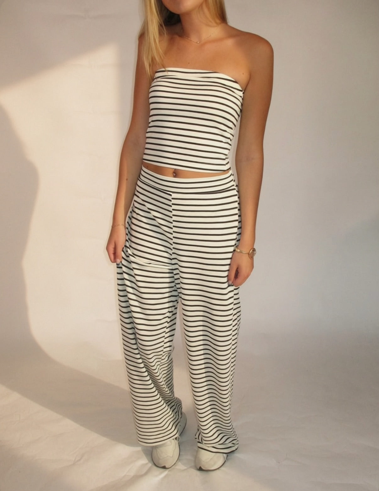 Striped knit tube and wide pants set