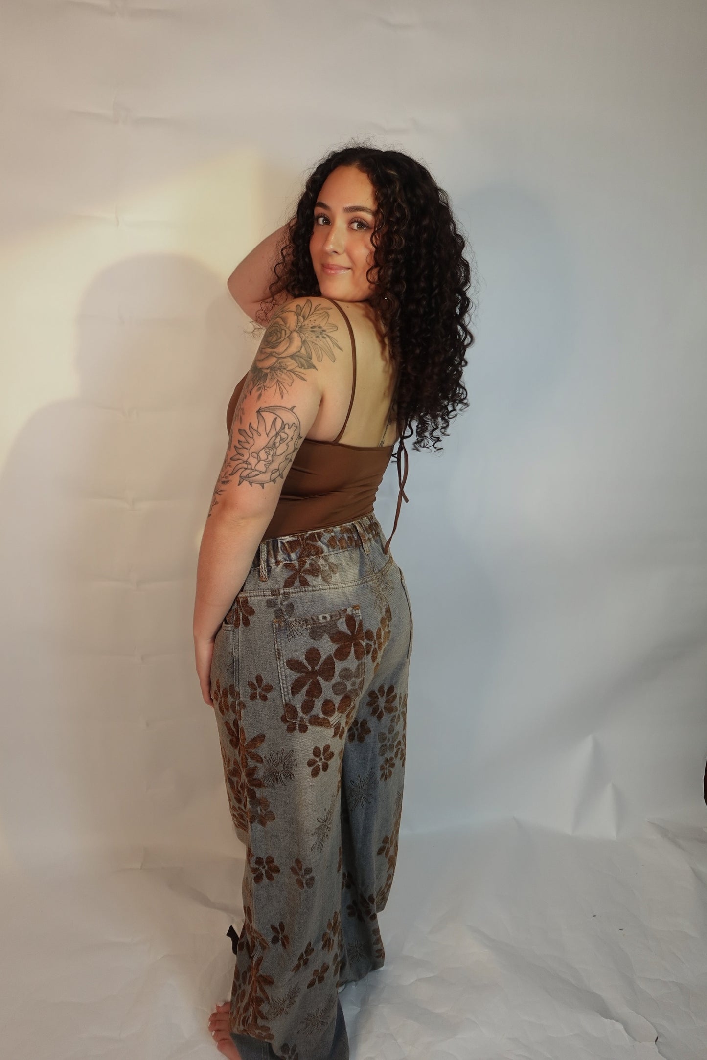Ladies Floral Print Fleece Lined Wide Leg Denim Pants