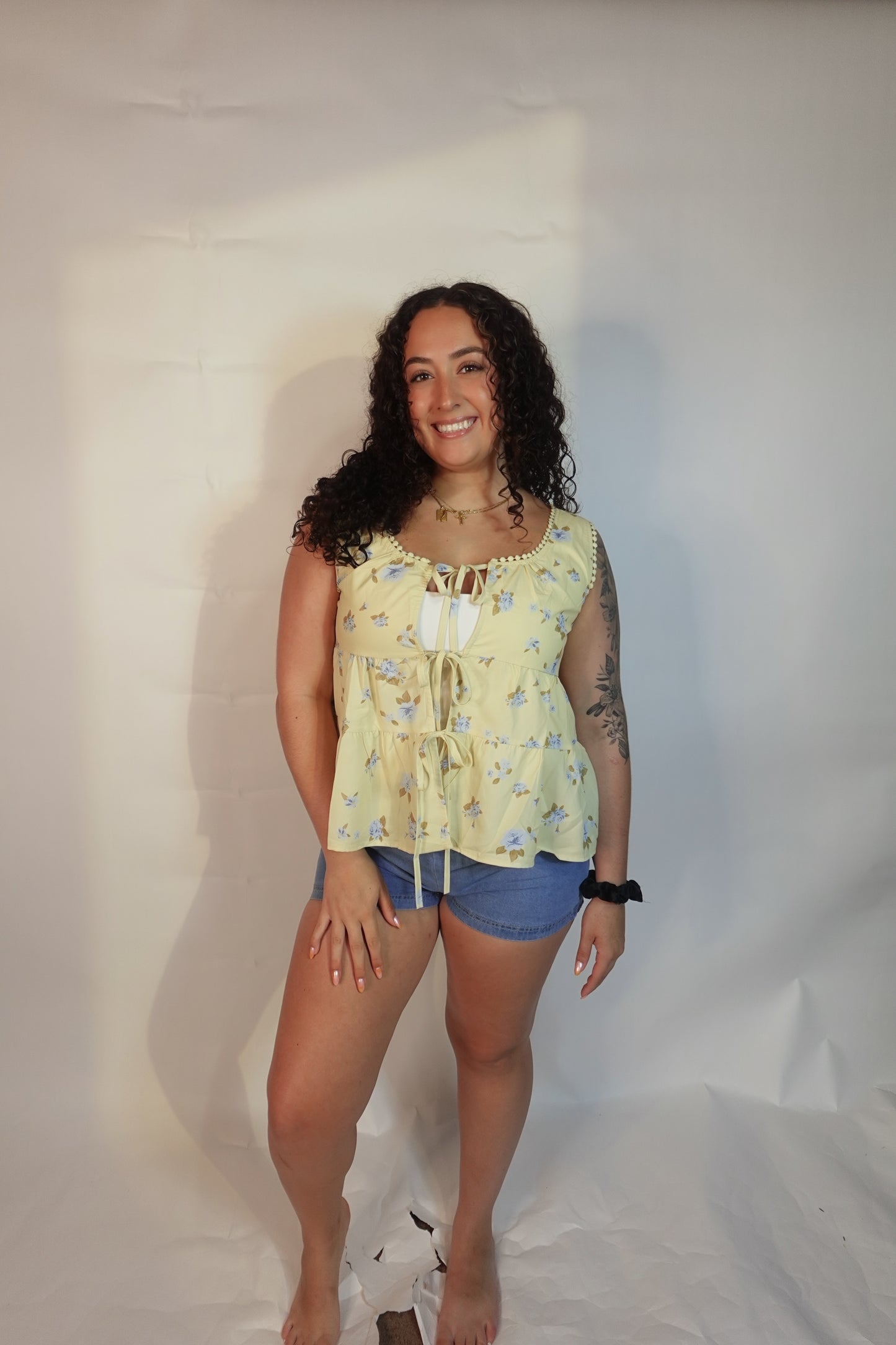 Ladies Boho Floral Print Tie Front Scoop Neck Sleeveless Top