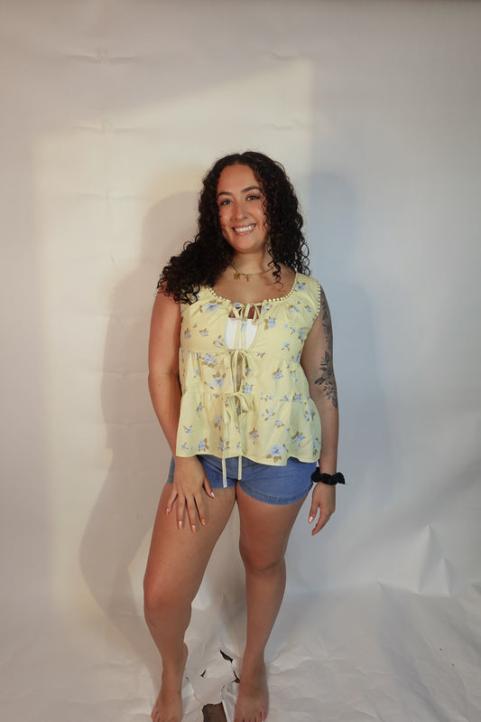 Ladies Boho Floral Print Tie Front Scoop Neck Sleeveless Top