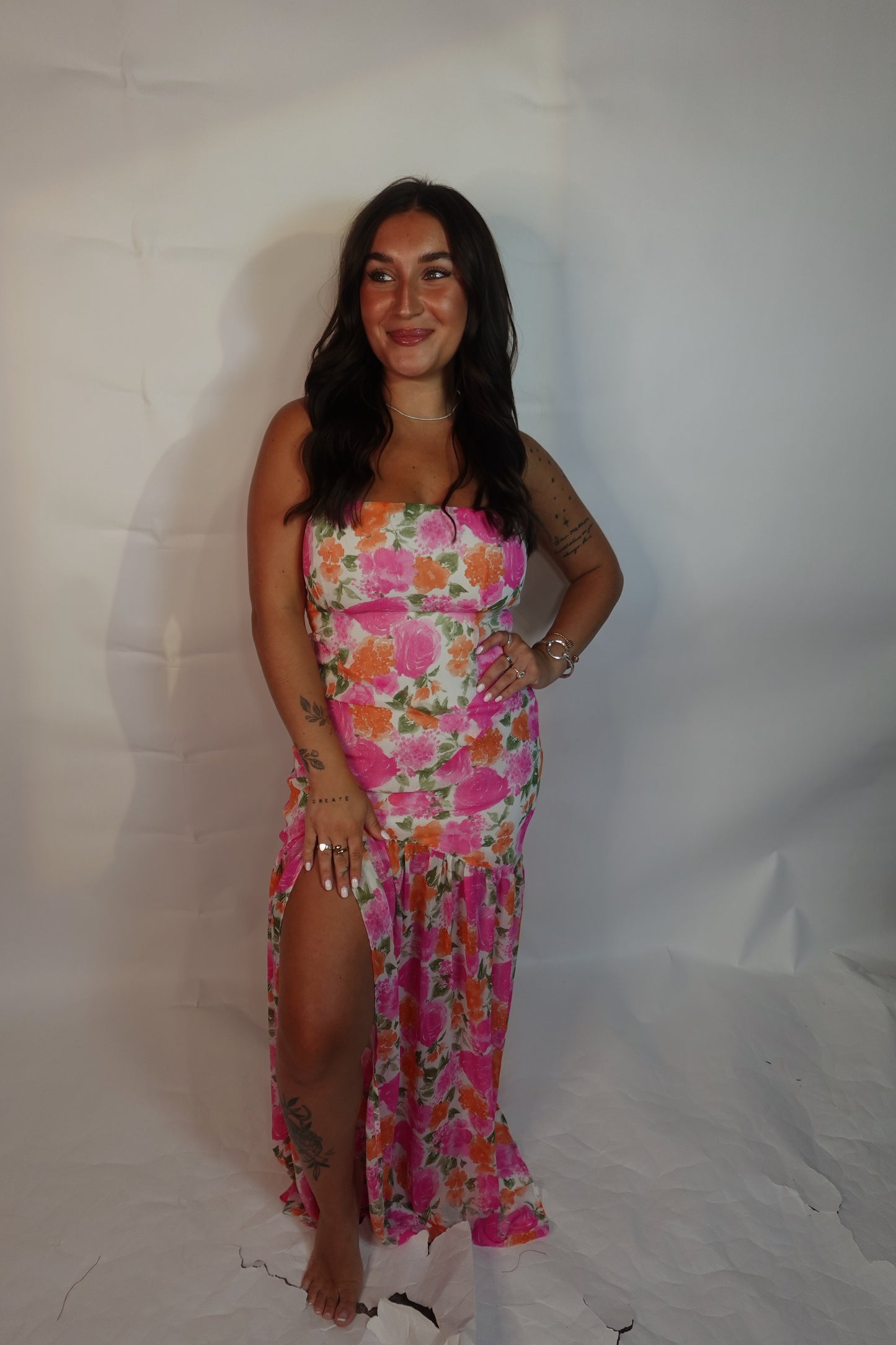 Strapless Asymmetric-Seam Floral Woven Maxi Dress