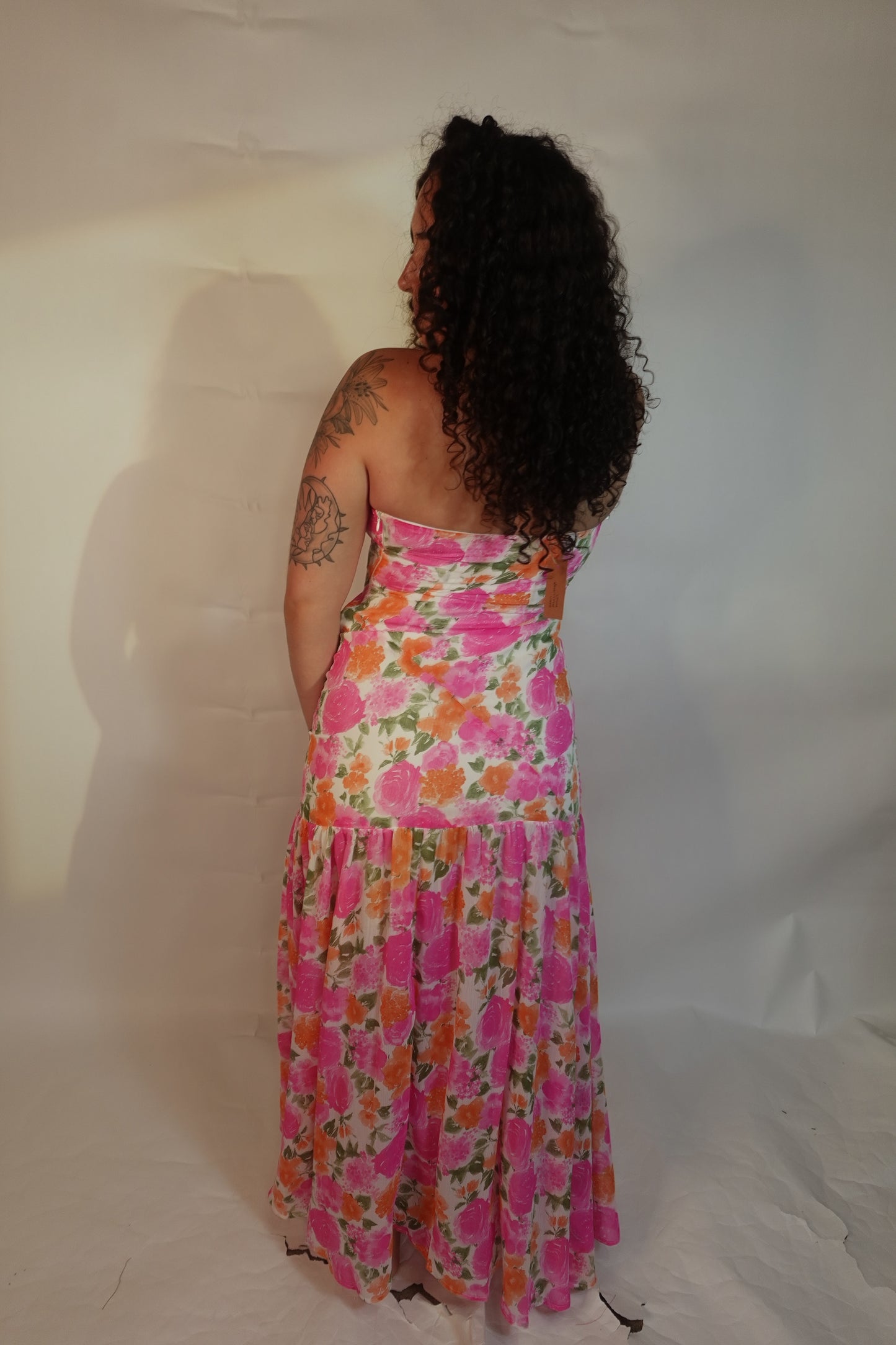 Strapless Asymmetric-Seam Floral Woven Maxi Dress