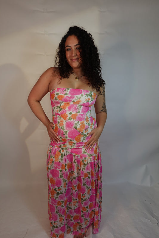 Strapless Asymmetric-Seam Floral Woven Maxi Dress