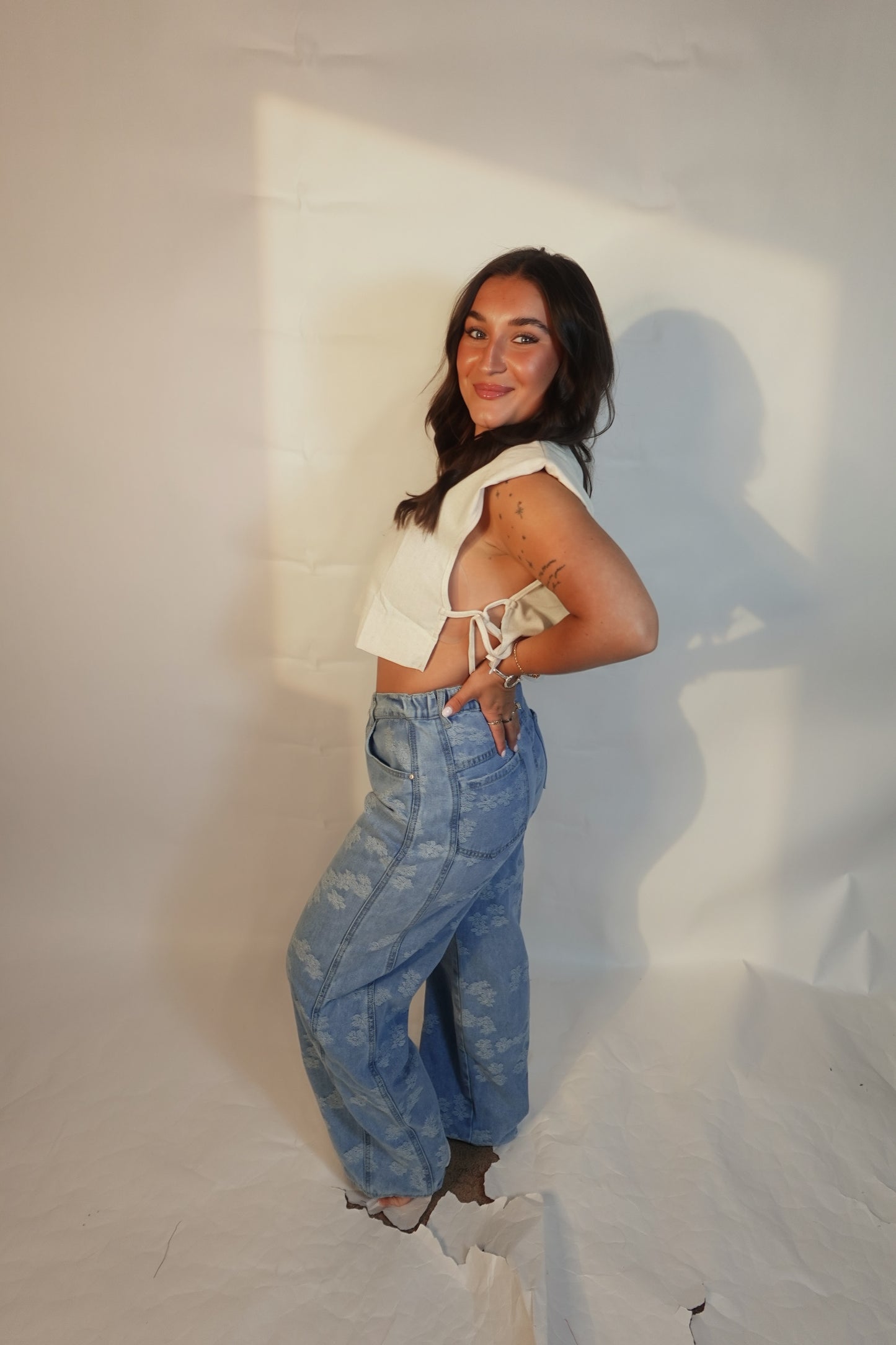Ladies Floral Jacquard Button Pocket Wide Leg Denim Pants