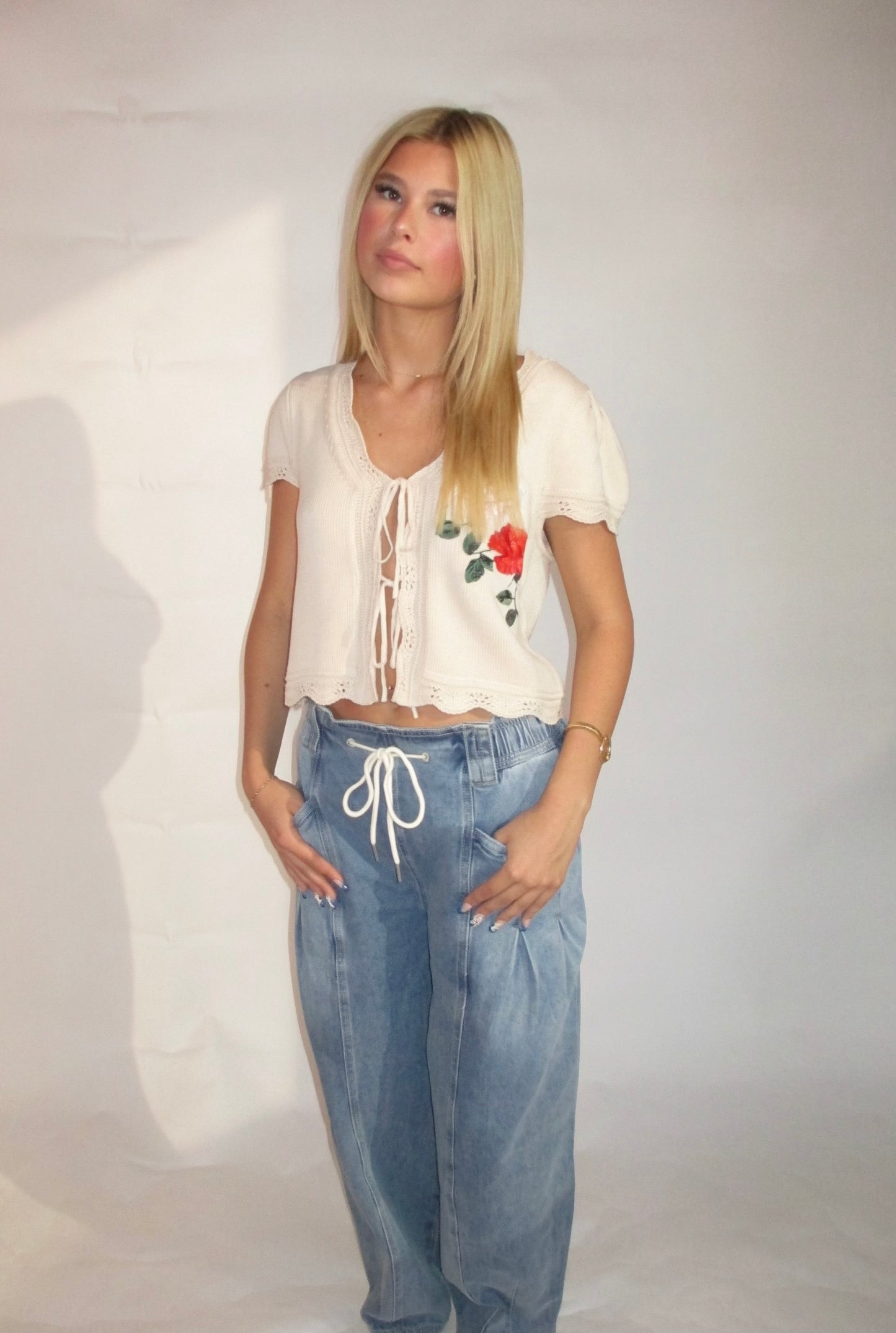 Denim barrel drawstring jeans