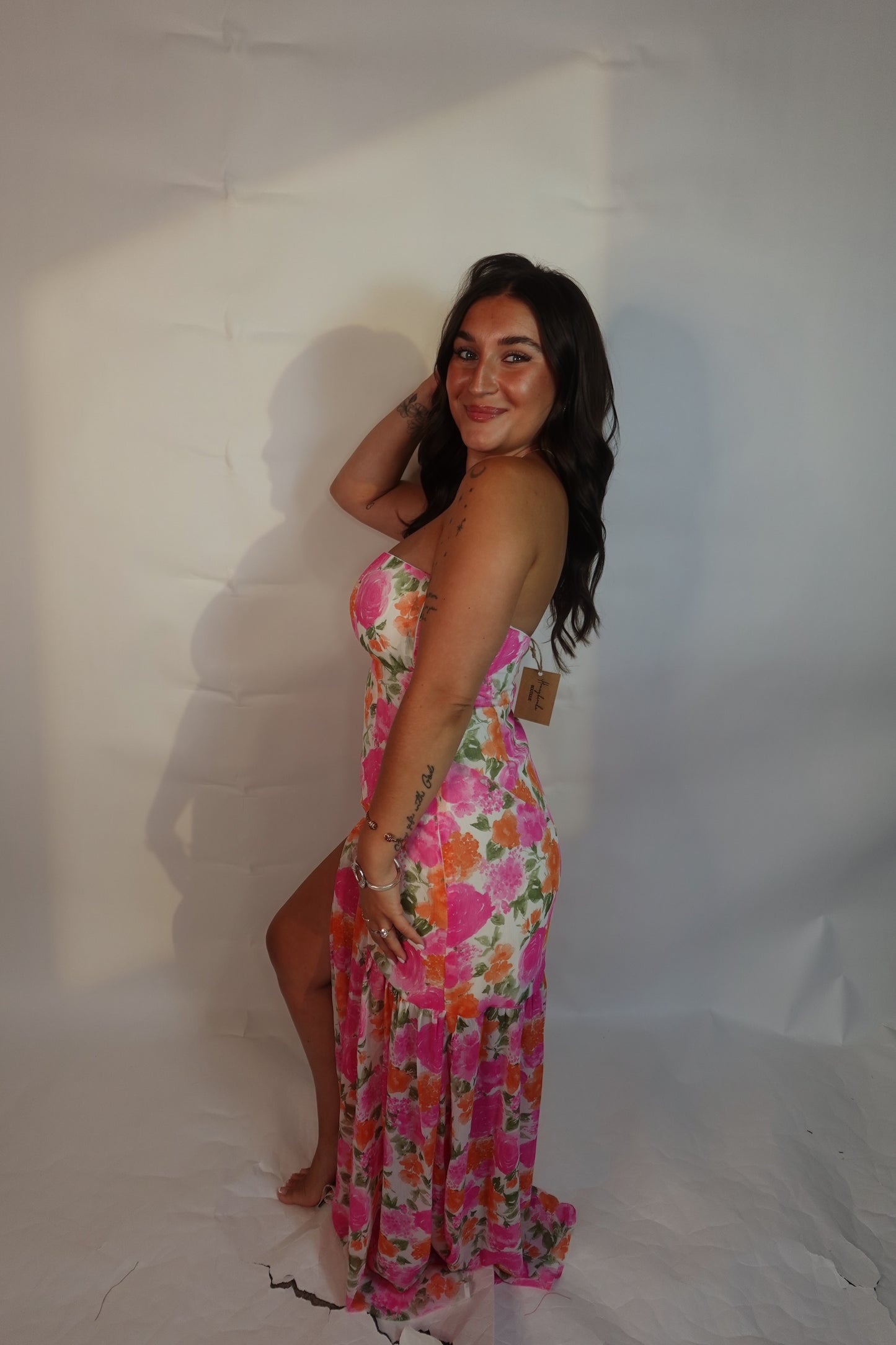 Strapless Asymmetric-Seam Floral Woven Maxi Dress