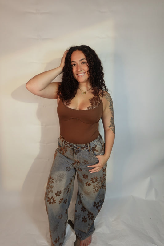 Ladies Floral Print Fleece Lined Wide Leg Denim Pants