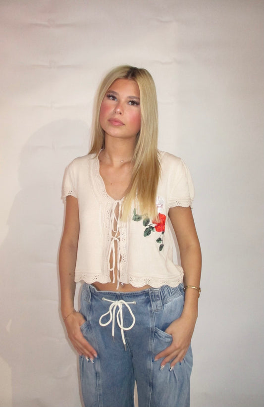 Floral self-tie knit top