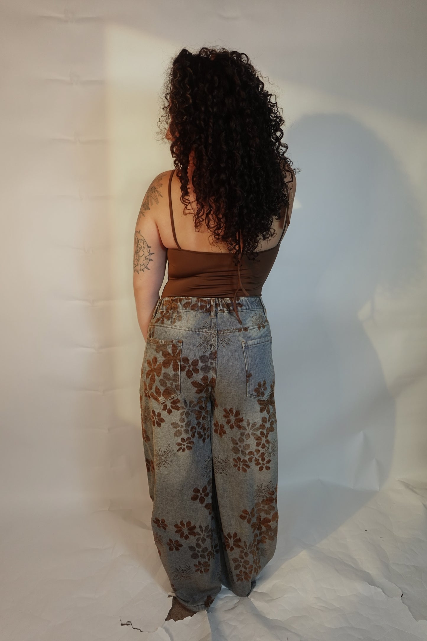 Ladies Floral Print Fleece Lined Wide Leg Denim Pants