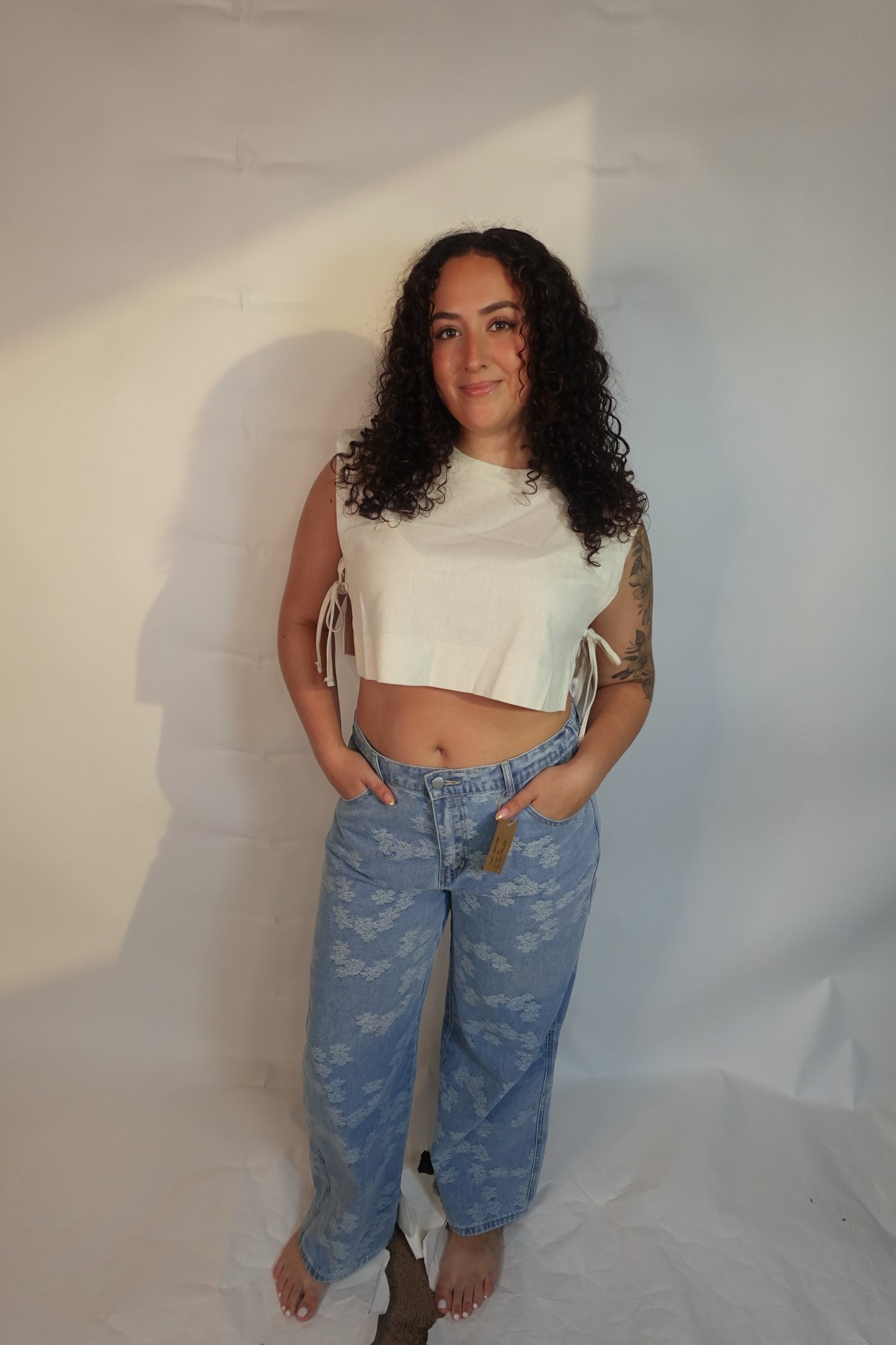 Ladies Floral Jacquard Button Pocket Wide Leg Denim Pants