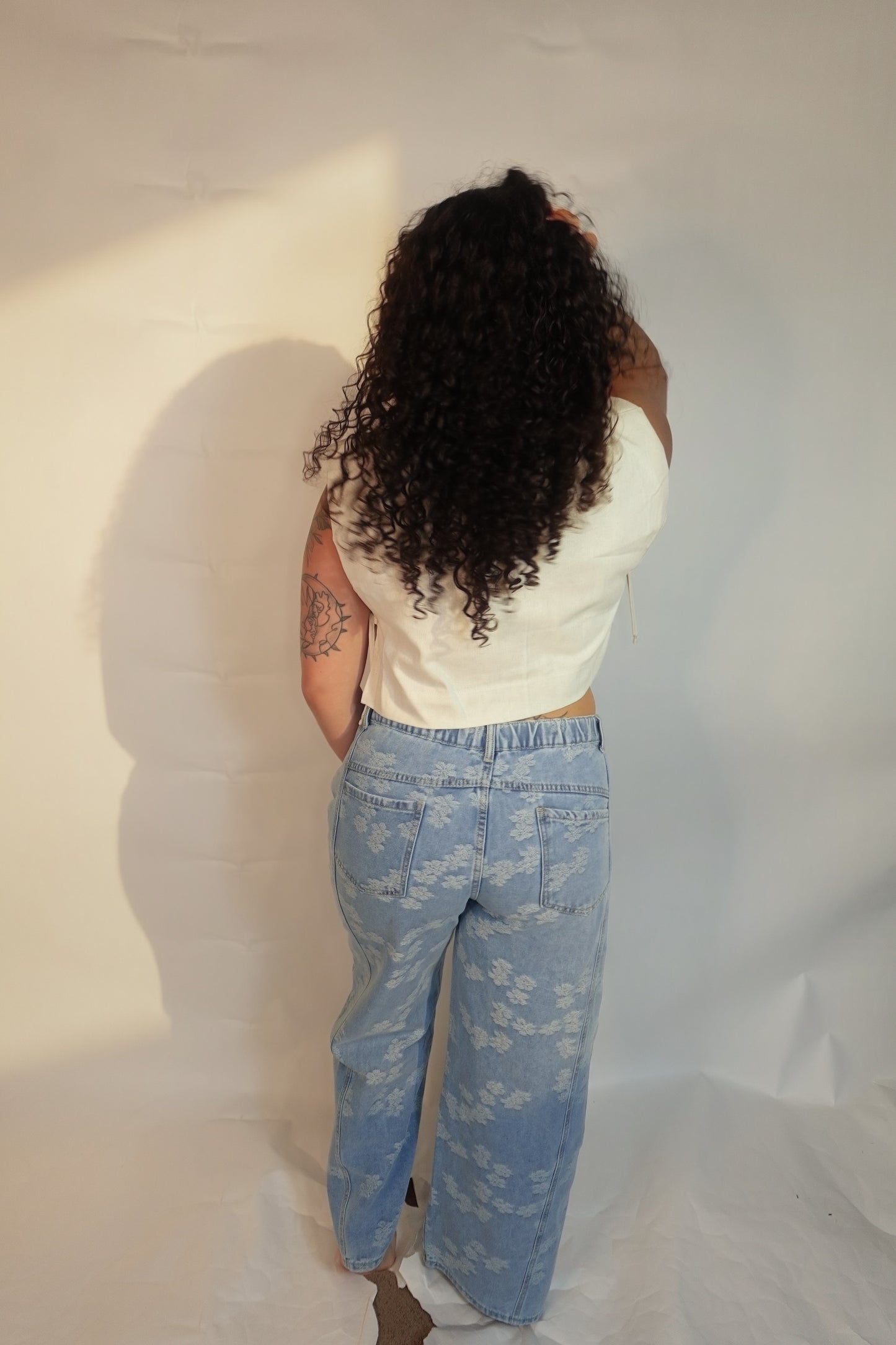 Ladies Floral Jacquard Button Pocket Wide Leg Denim Pants