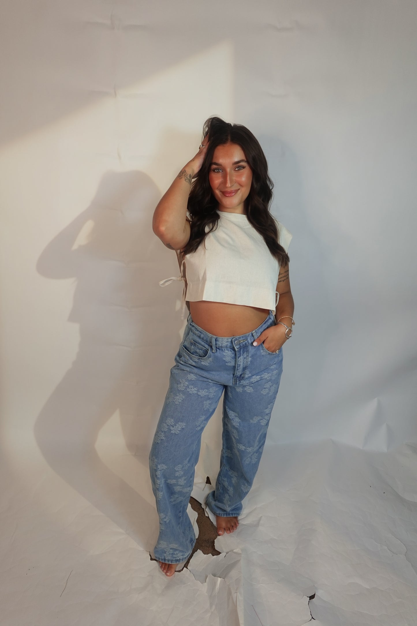 Ladies Floral Jacquard Button Pocket Wide Leg Denim Pants