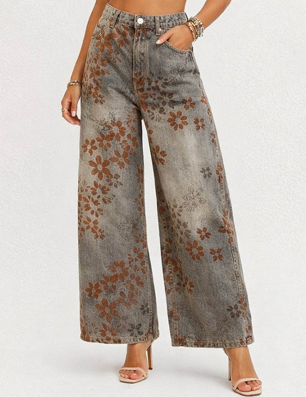 Ladies Floral Print Fleece Lined Wide Leg Denim Pants
